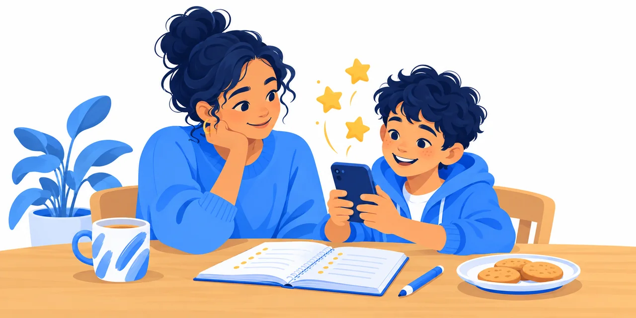 A parent and child at the kitchen table, practising a word list on a phone
