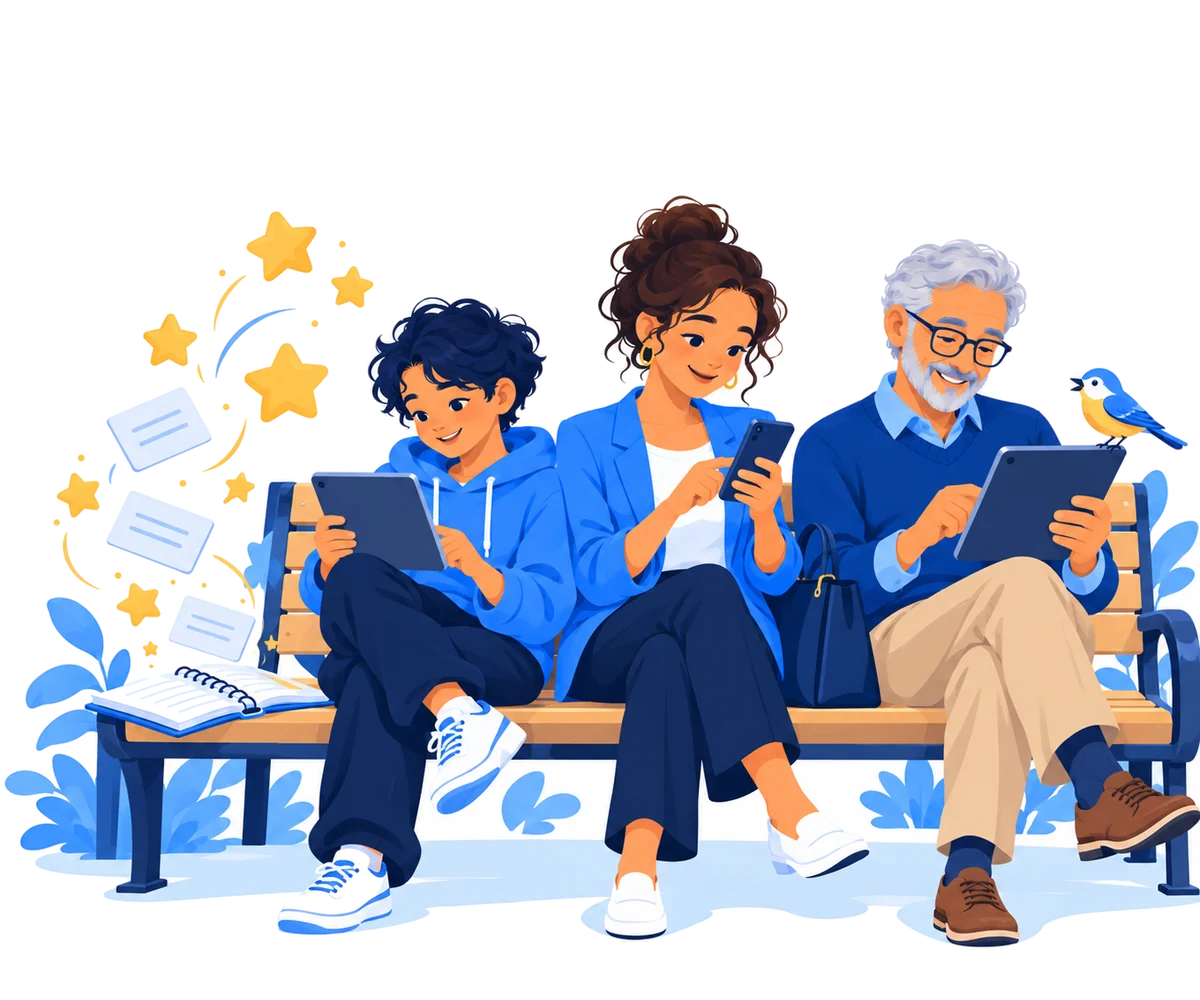 A teenager, a woman and an older man on a bench, each practising words on a tablet or phone, as words from a notebook turn into stars