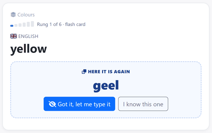 A flash card showing the word yellow and its Dutch translation, geel