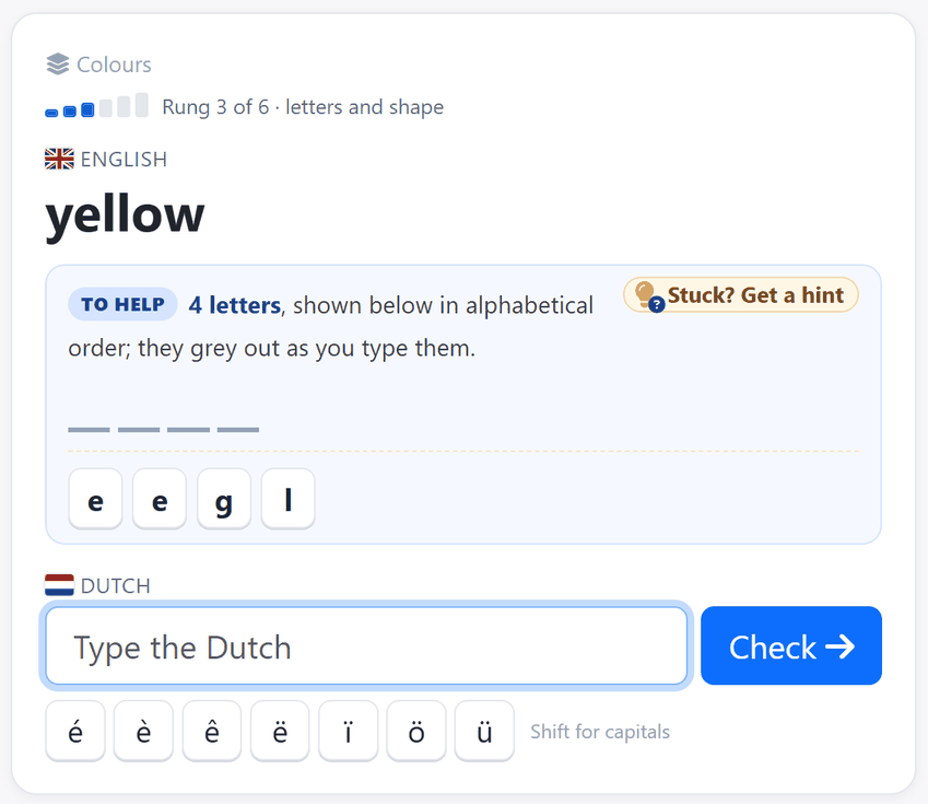 A Wordlark question: the English word, the letters of the answer to help, and a box to type it in